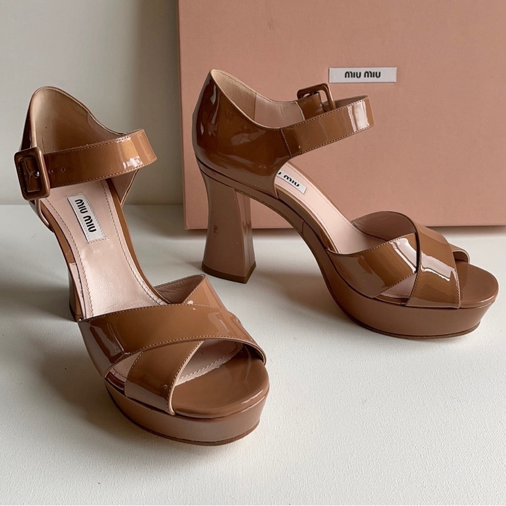 Miu Miu Flared Heel Cross Strap Heels Camel Patent NEW